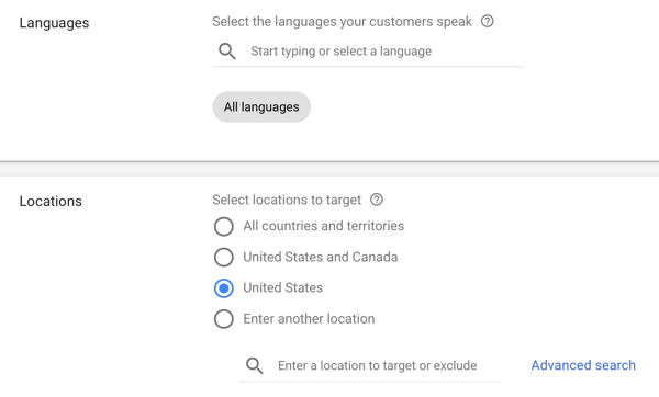 How to set up a YouTube ads campaign, step 12, set language and location display options