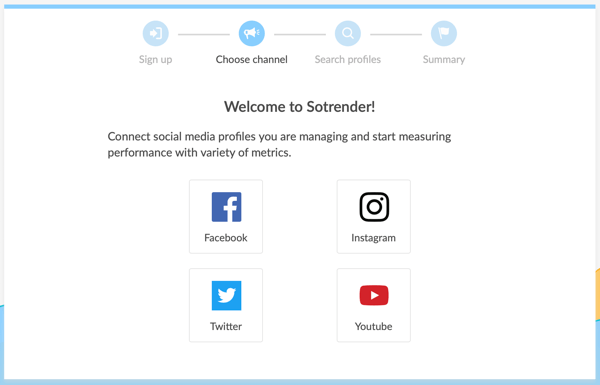 Measure marketing results, benchmark social channel performance vs. competitors, step 1, option to connect social accounts to Sotrender