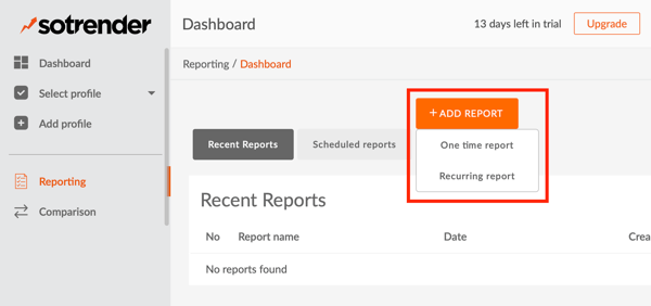 Measure marketing results, benchmark social channel performance vs. competitors, step 12, option to add a social report in Sotrender