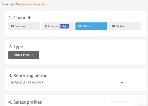 Measure marketing results, benchmark social channel performance vs. competitors, step 13, options to select or set for your social report in Sotrender