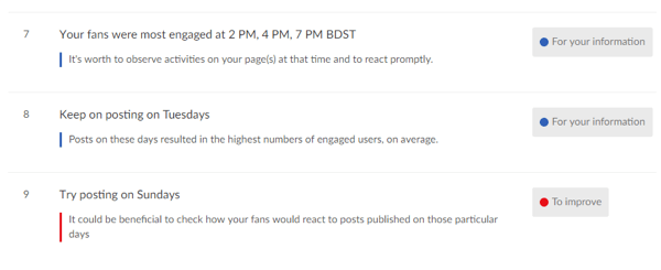 Measure marketing results, benchmark social channel performance vs. competitors, step 6, example of tips based on analysis in Sotrender