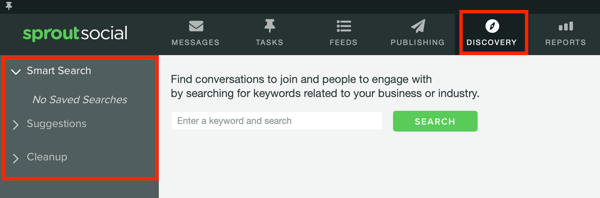Measure marketing results, assess audience activity and engagement, step 6, Sprout Social discovery tab search options