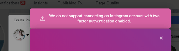 How to cross-post to Instagram from Facebook on desktop, example of two-factor authentication error on Facebook for cross-posting to Instagram