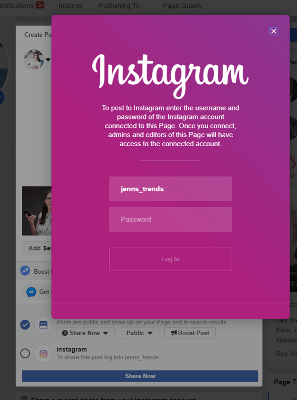 How to cross-post to Instagram from Facebook on desktop, step 4, login to Instagram