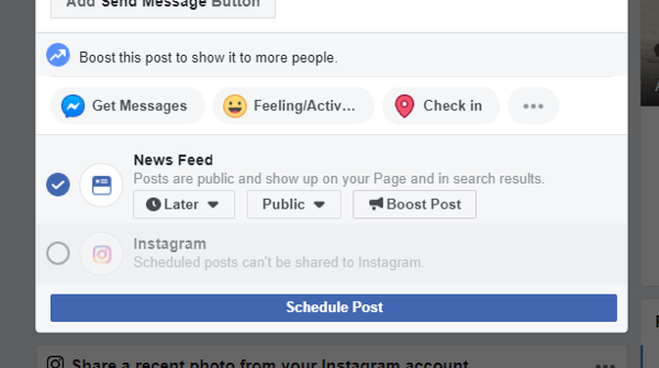 How to cross-post to Instagram from Facebook on desktop, example of the cross-post to Instagram option no longer available when scheduling a Facebook post
