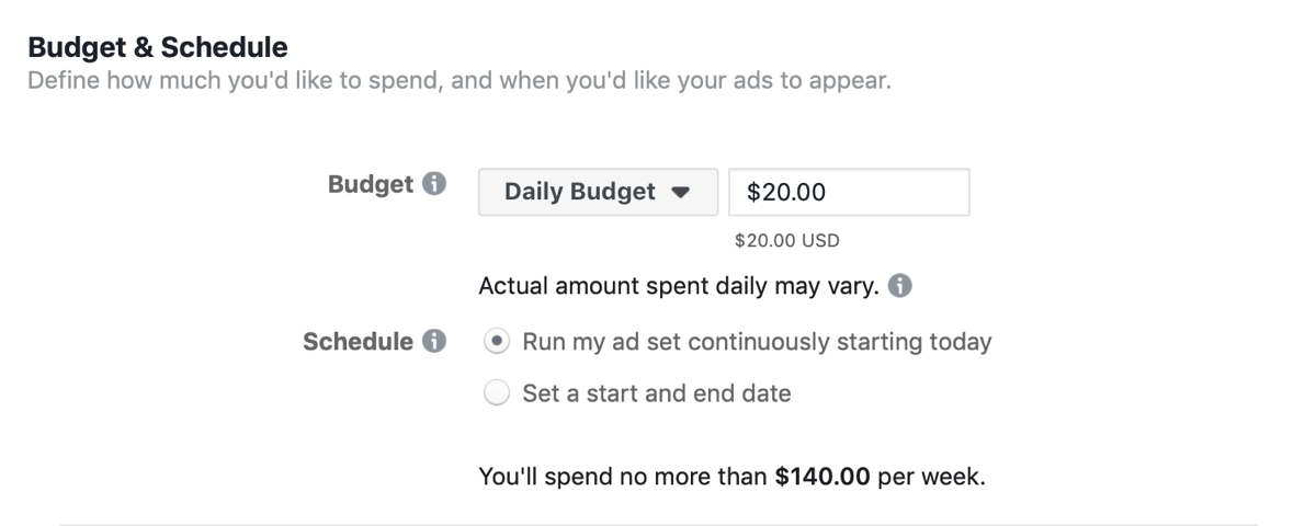 Facebook Ads Manager, Budget & Schedule section for ad set