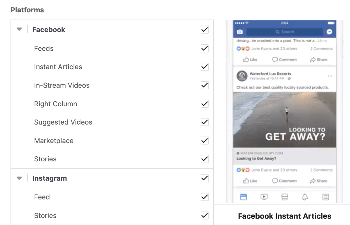 Facebook campaign placement options