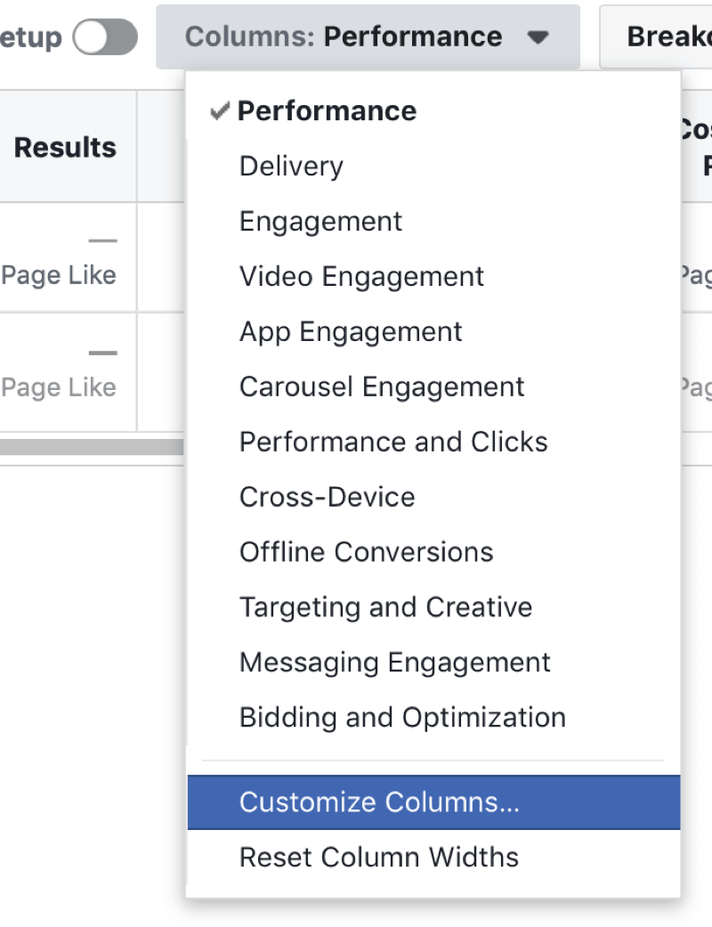 Facebook Ads Manager Customize Columns option