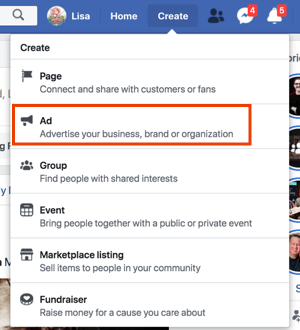 Create Facebook ads by clicking on Create from your Facebook Profile.