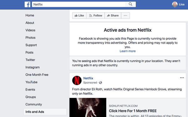 The Facebook Info and Ads tab shows you the ads a Facebook page is running.