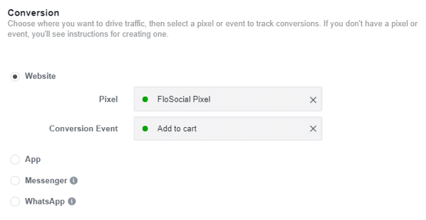 Use the Facebook Event Setup Tool, step 25, settings to identify your pixel and conversion event for your Facebook Ads campaign