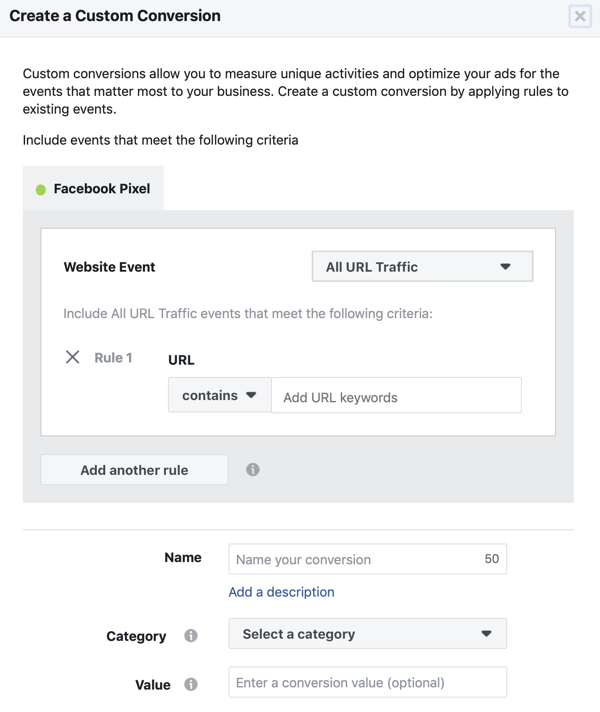 Use the Facebook Event Setup Tool, step 11, URL setting for when your custom conversion will fire