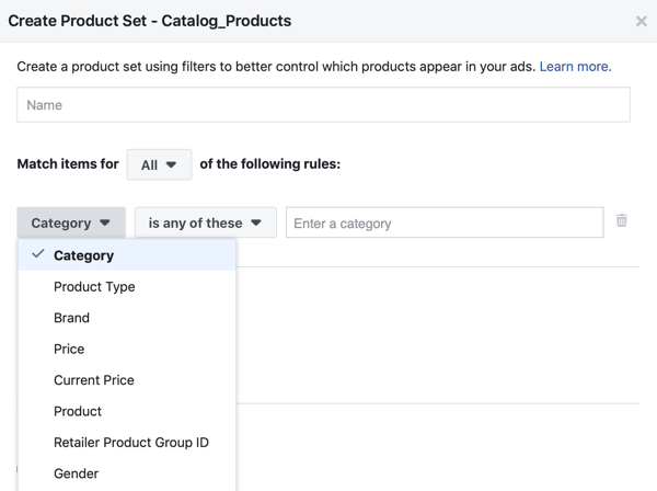 Use the Facebook Event Setup Tool, step 28, Facebook menu option to apply filters to which products are shown to customers