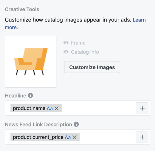 Use the Facebook Event Setup Tool, step 30, menu options to customize how catalog images appear in Facebook ads