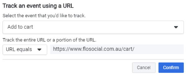 Use the Facebook Event Setup Tool, step 5, settings to track an event using a URL