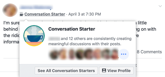 How to improve your Facebook group community, example of the Facebook group badge 'Conversation Starter' next to group members' name and the pop-up identifying other group members who share that badge