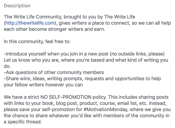 How to improve your Facebook group community, example of Facebook group description and rules by The Write Life Community