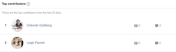 How to improve your Facebook group community, example of the metrics showing top contributors for a Facebook group