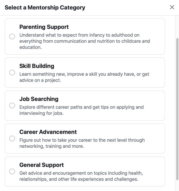 How to improve your Facebook group community, example Facebook mentorship category options