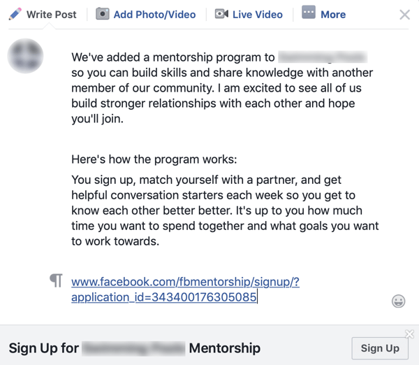 How to improve your Facebook group community, example of a group announcement for a Facebook mentorship program