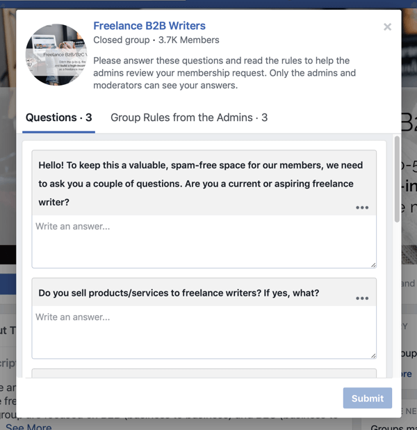 How to improve your Facebook group community, example of Facebook group new member questions by Freelance B2B Writers