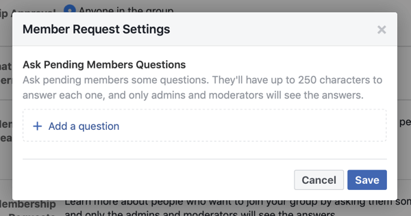 How to improve your Facebook group community, example of Facebook group member request settings allowing for new member questions