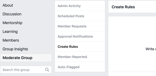 How to improve your Facebook group community, Facebook menu option to create rules to moderate your group