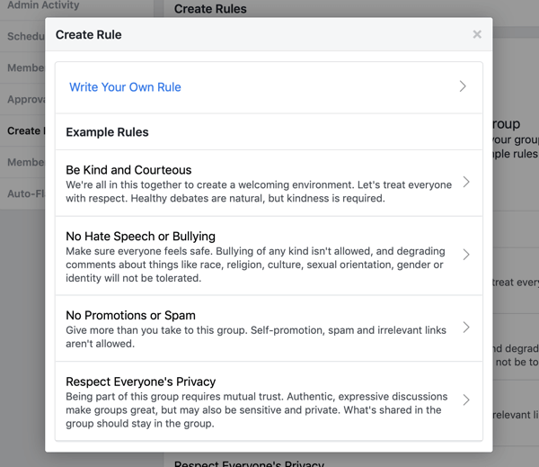 How to improve your Facebook group community, example of Facebook group pre-written rules
