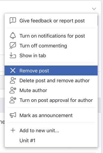 How to improve your Facebook group community, Facebook menu option to remove a post from your group