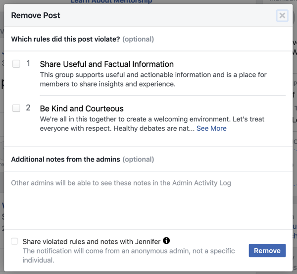 How to improve your Facebook group community, example of Facebook option to identify which rule(s) a post violated, as well as option to notify the member