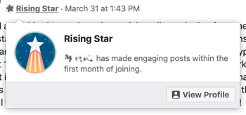 How to use Facebook Groups features, example of Rising Star group badge