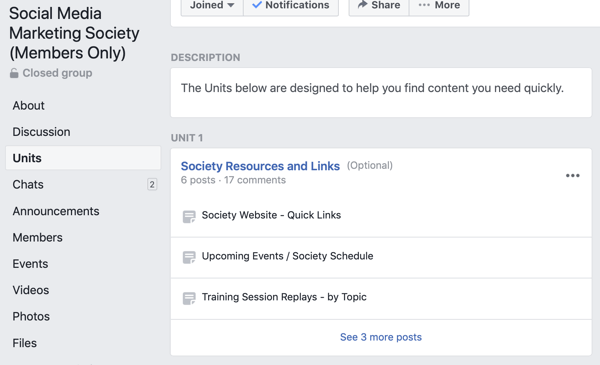 How to use Facebook Groups features, example of group units for Social Media Marketing Society 