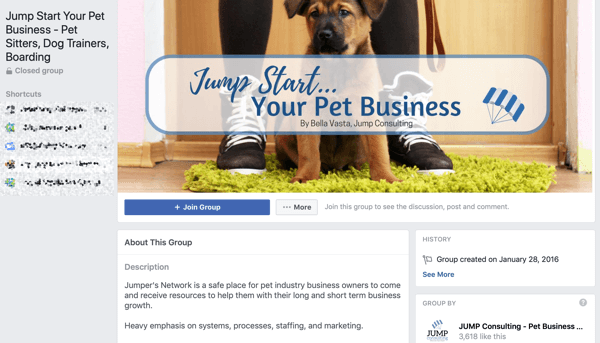 How to use Facebook Groups features, example of group for Jump Start Your Pet Business