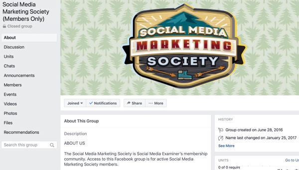 How to use Facebook Groups features, example of Facebook group page for Social Media Marketing Society