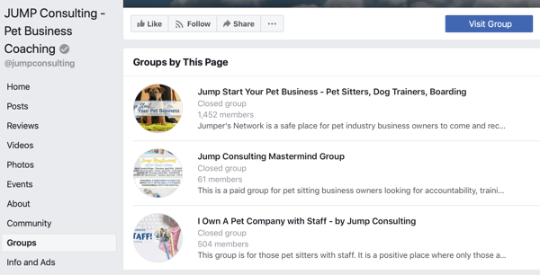 How to use Facebook Groups features, example of groups on Facebook page, JUMP Consulting