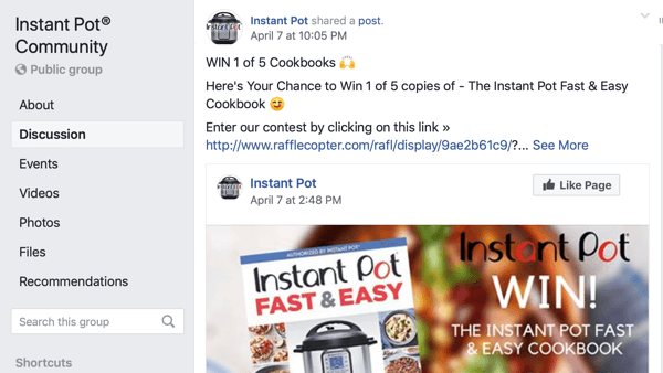 How to use Facebook Groups features, example of a page post in a group for Instant Pot Community
