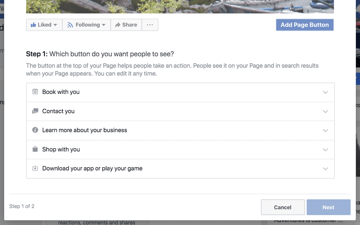 Step 1 to create your Facebook business page call to action button.