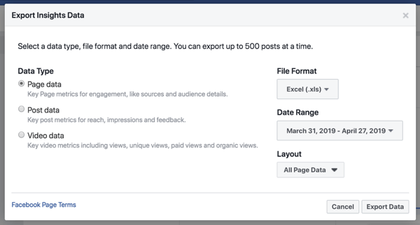 Export your Facebook Insights data to simplify analysis of the data.