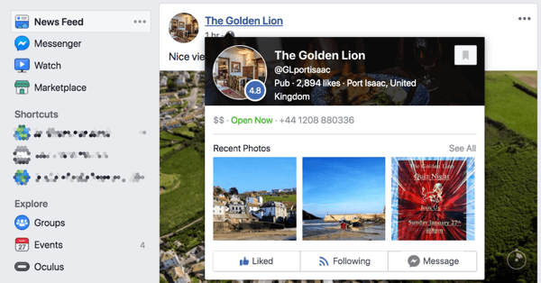 When someone hovers over your Facebook page in the news feed, it displays a page preview.