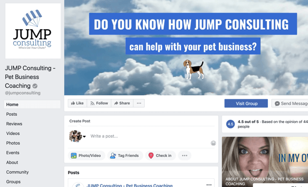 How to use Facebook Groups features, example of Facebook page for JUMP Consulting