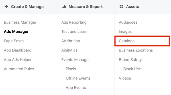 Use the Facebook Event Setup Tool, step 18, menu option to select catalogs under assets in Facebook Ads Manager