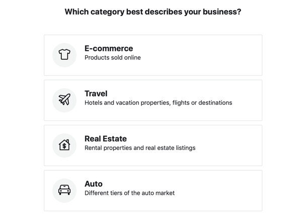 Use the Facebook Event Setup Tool, step 19, industry category options for your Facebook Ads catalog