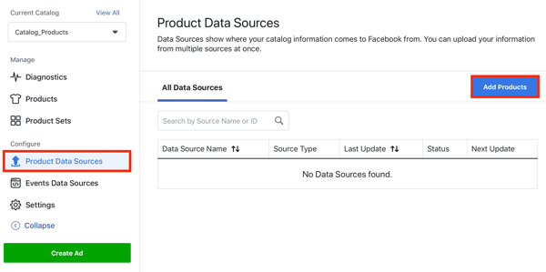 Use the Facebook Event Setup Tool, step 22, menu option to add products via the product data sources tab in Facebook