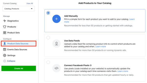 Use the Facebook Event Setup Tool, step 23, menu option to add products manually via the product data sources tab in Facebook