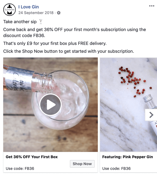 How to create Facebook reach ads, step 8, example of ad creative by I Love Gin