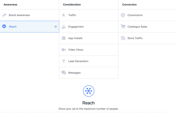 How to create Facebook reach ads, step 1, option for a Reach campaign under Awareness