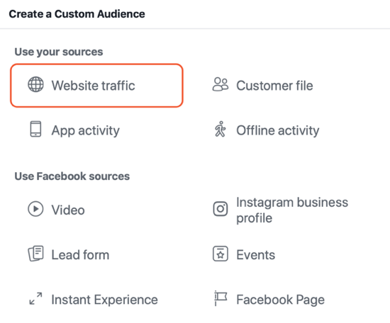 How to create Facebook reach ads, example of website traffic audience setting for ads