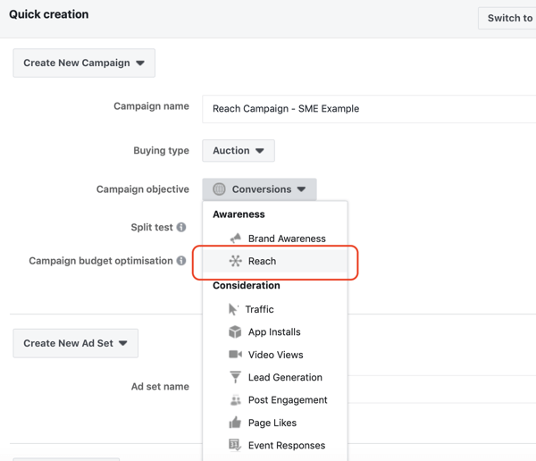 How to create Facebook reach ads, step 2, option to set campaign objective to Reach under campaign settings