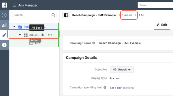 How to create Facebook reach ads, step 3, settings to navigate to the ad set level of your campaign