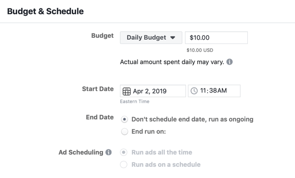 How to create Facebook reach ads, step 4, budget and schedule ad settings